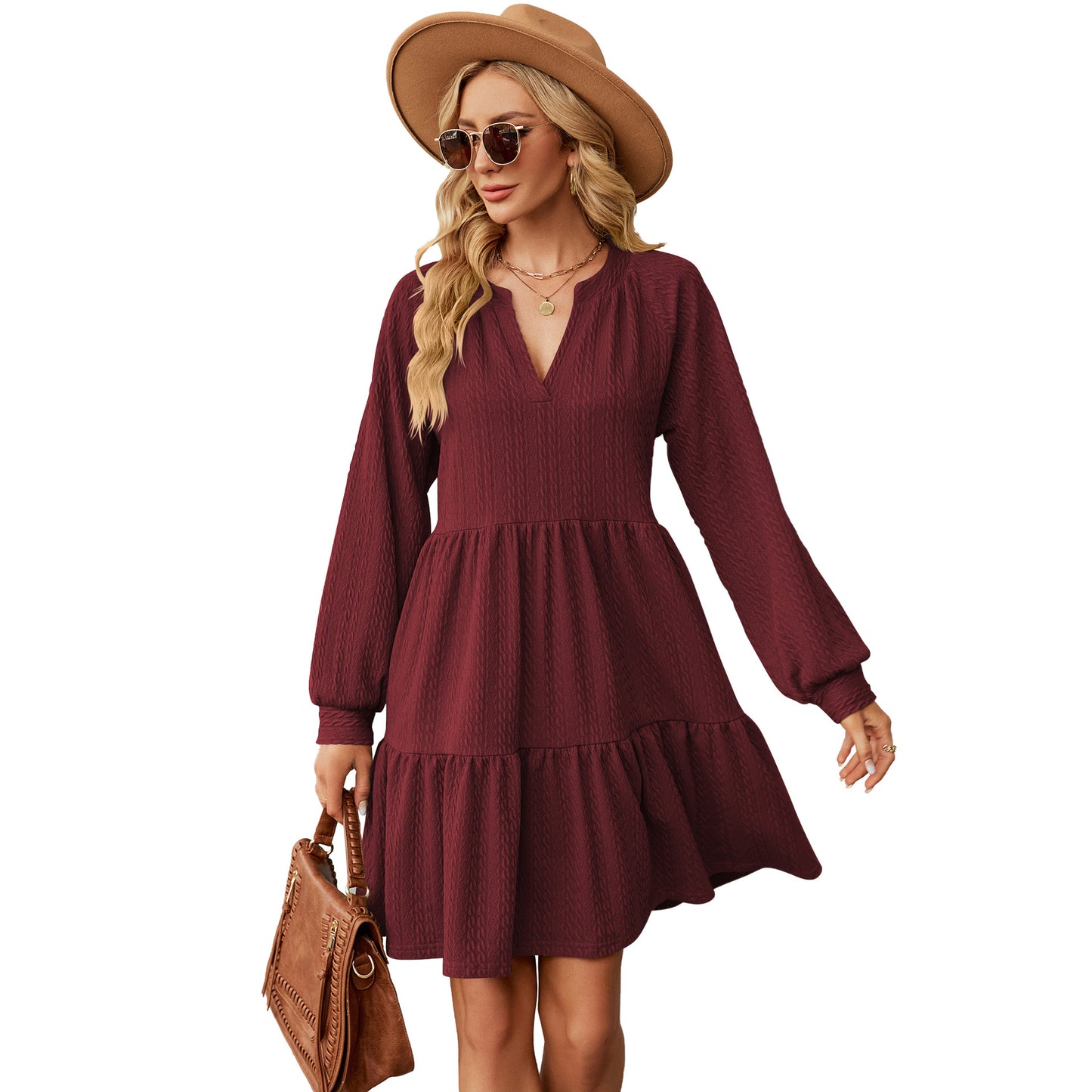 Solid Color Loose Pleated Stitching Long Dress