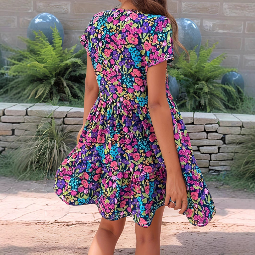 Comfortable Women's Printed Stitching Flower Short-sleeved Dress