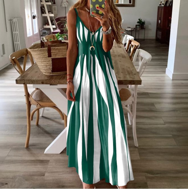 Women's Summer Fashion Striped Loose Sling Printing Dress
