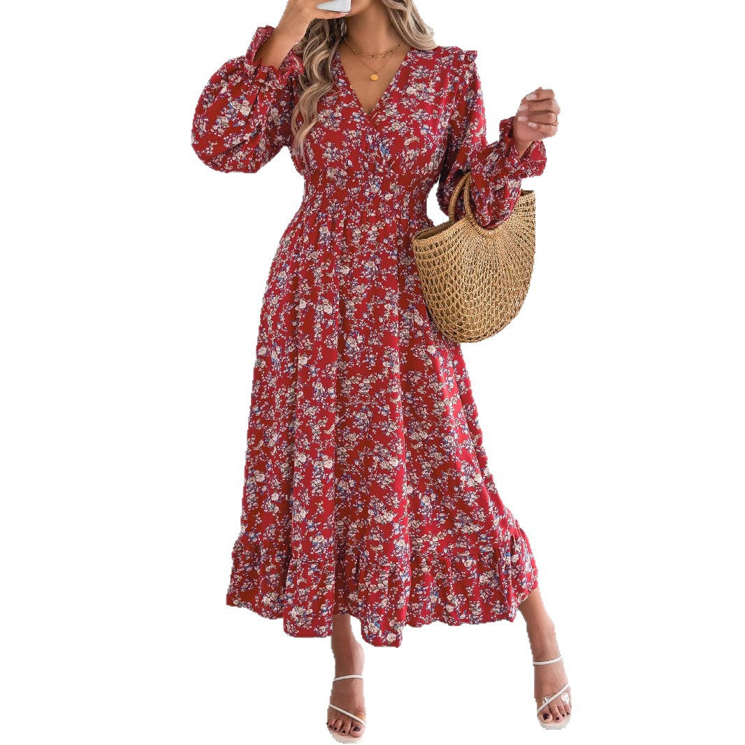 Women's Elegant Floral Cross Waist Trimming Ruffles Dress