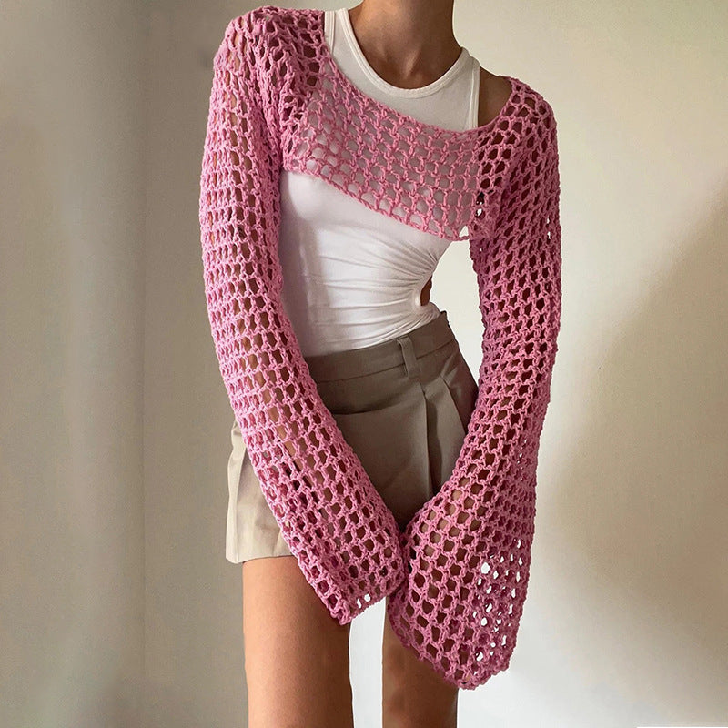 Women's Crochet Casual Bell Sleeve Sexy Mesh Women's Sweater