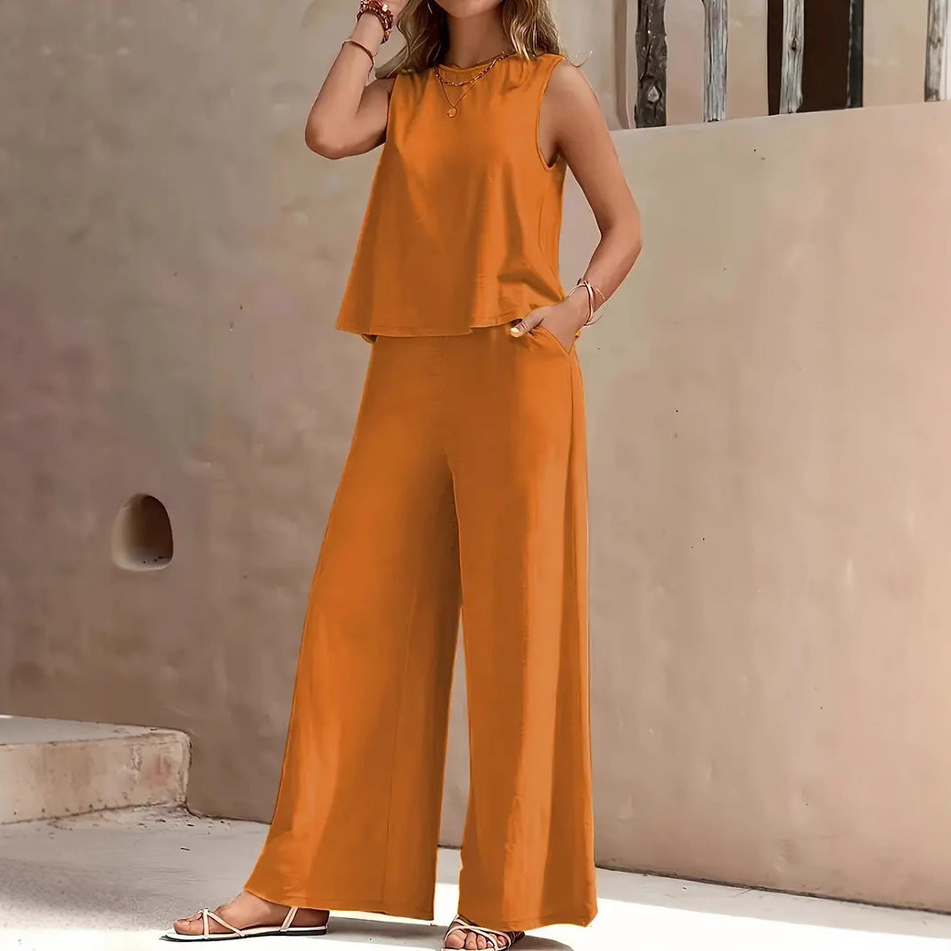 Women's Round Neck Wide Leg Cotton Linen Fashion Casual Suit