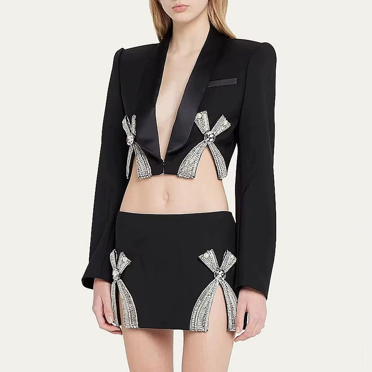 Stylish Charming Refined Rhinestone Bow Split Fashion Casual Suit