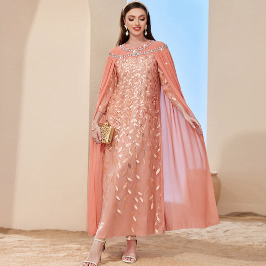 Orange Pink Leaves Mesh Embroidered Fashionable Dresses