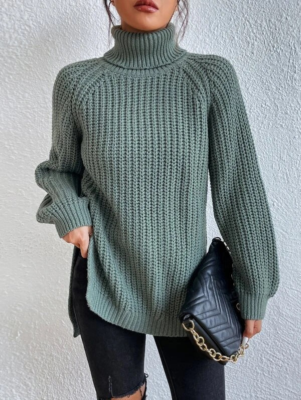 Women's Mid-length Raglan Sleeve High Lapel Split Knitwear