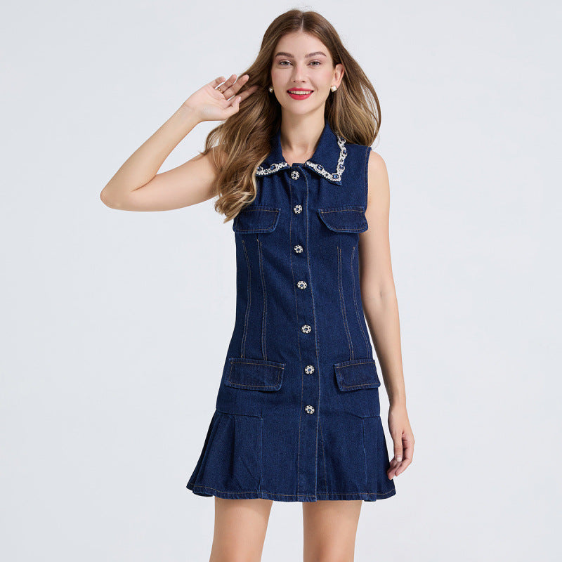 Women's French Style Rhinestone Waist Pleated Denim Dresses
