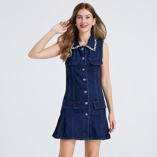 Women's French Style Rhinestone Waist Pleated Denim Dresses
