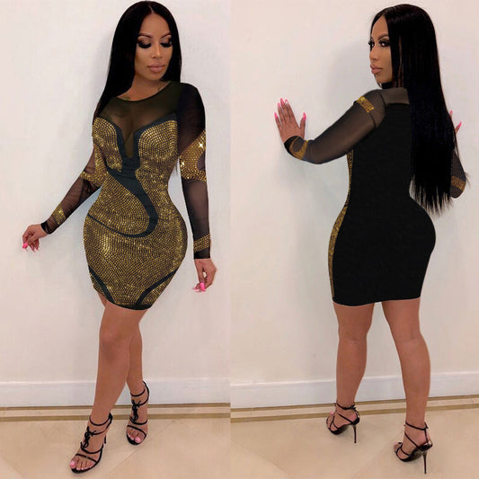 Sexy Rhinestone Long Sleeve Slim Dress Dresses