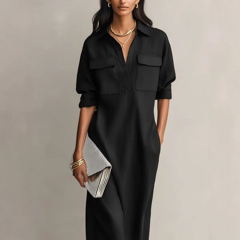 Lapel Long Sleeve Commuter Black Casual Dress