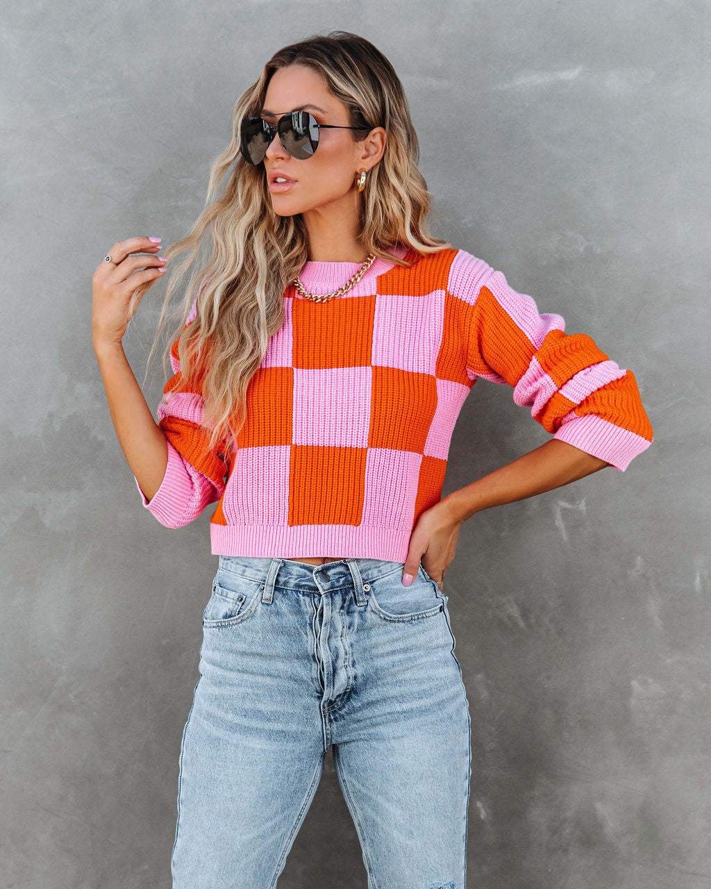 New Graceful Spring Chessboard Plaid Stitching Sweater