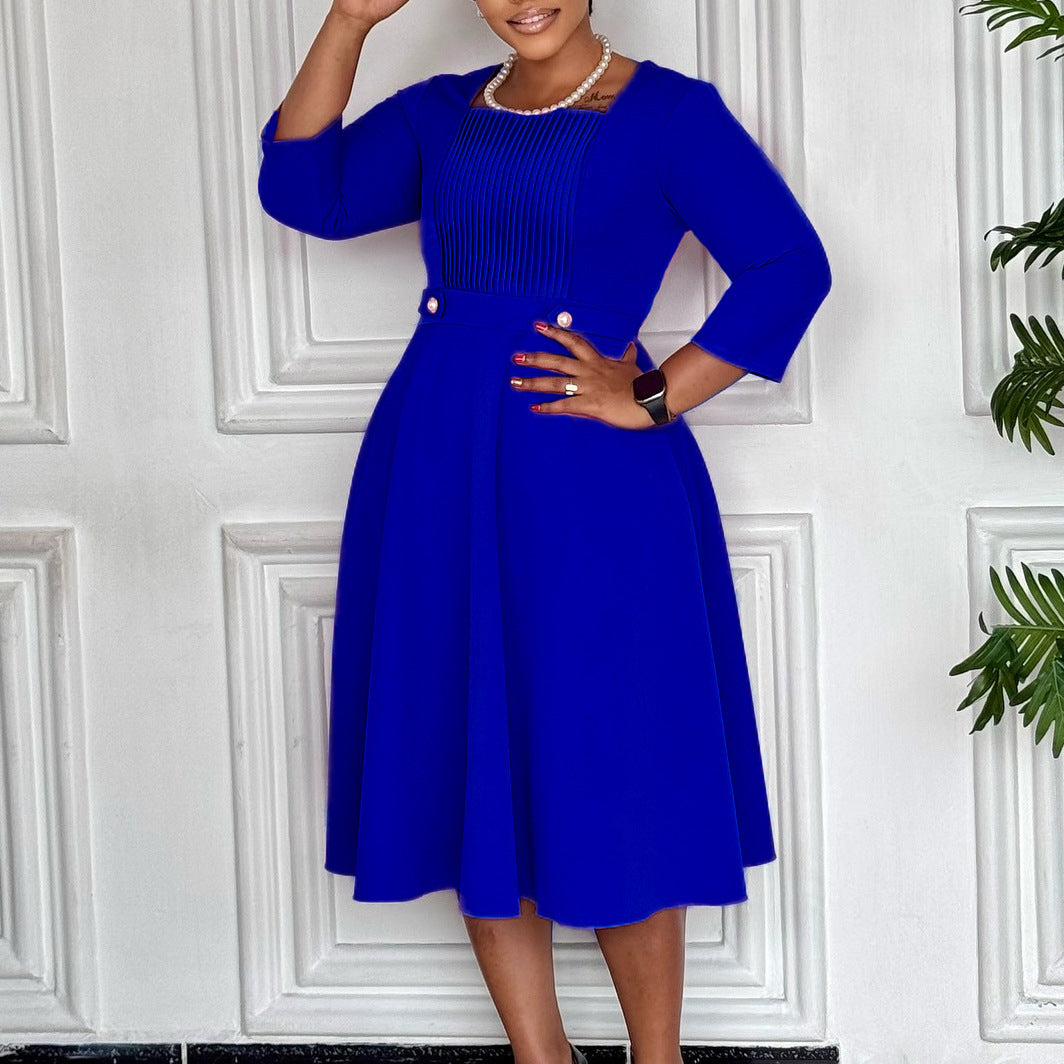 Women's Fashion Square Collar Solid Color Pleated High Plus Size