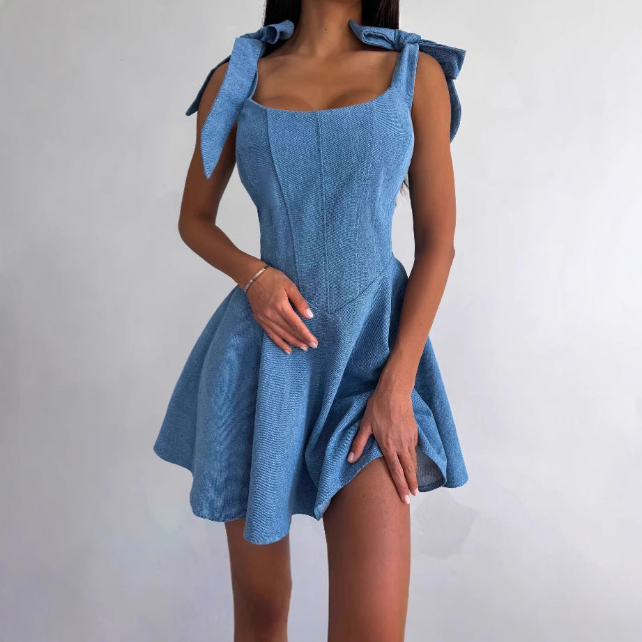 Hot Square Collar Lace Up Fishbone Tight Waist Dress