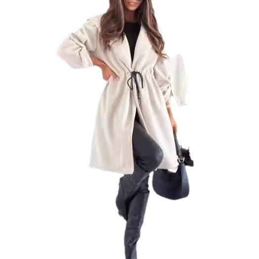 Women's Hooded Lapel Tied Casual Long Sleeve Coats