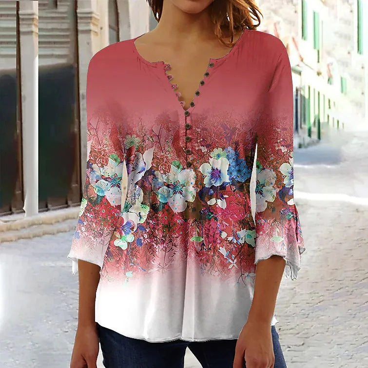 Women's Digital Printing Button T-shirt Flared Sleeves Clothing