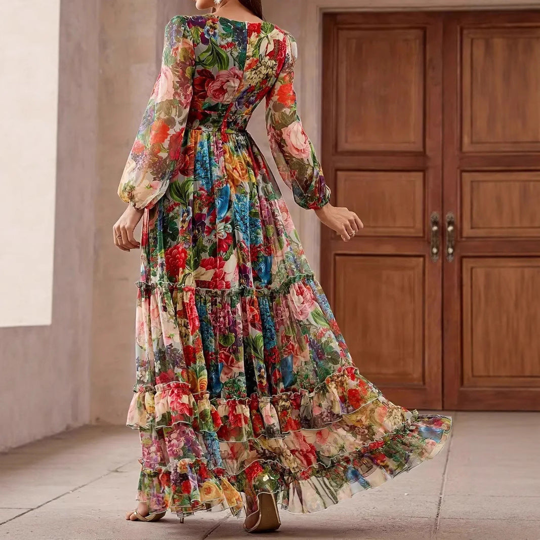 Style Retro Stand Collar Single-breasted Printed Wide Swing Dress