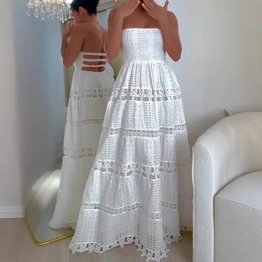 Summer Lace Stitching Tube Embroidered Backless Tops