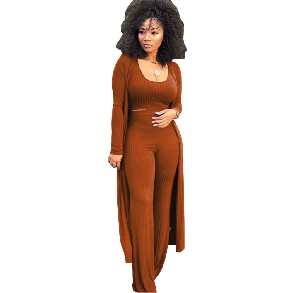 Women's High Elastic Sunken Stripe Three-piece Tight Suits