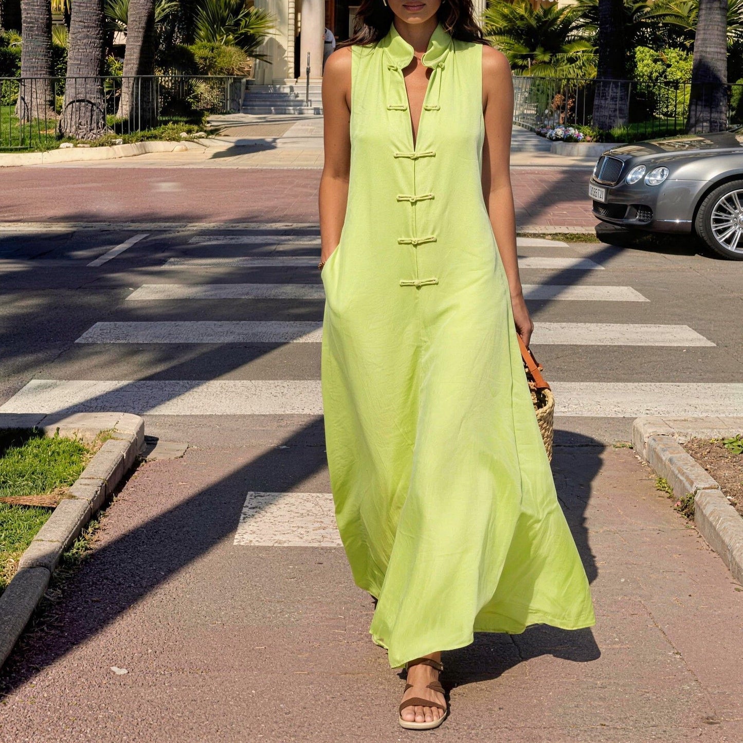 Stand Collar Frog Buckle Loose Linen Dress