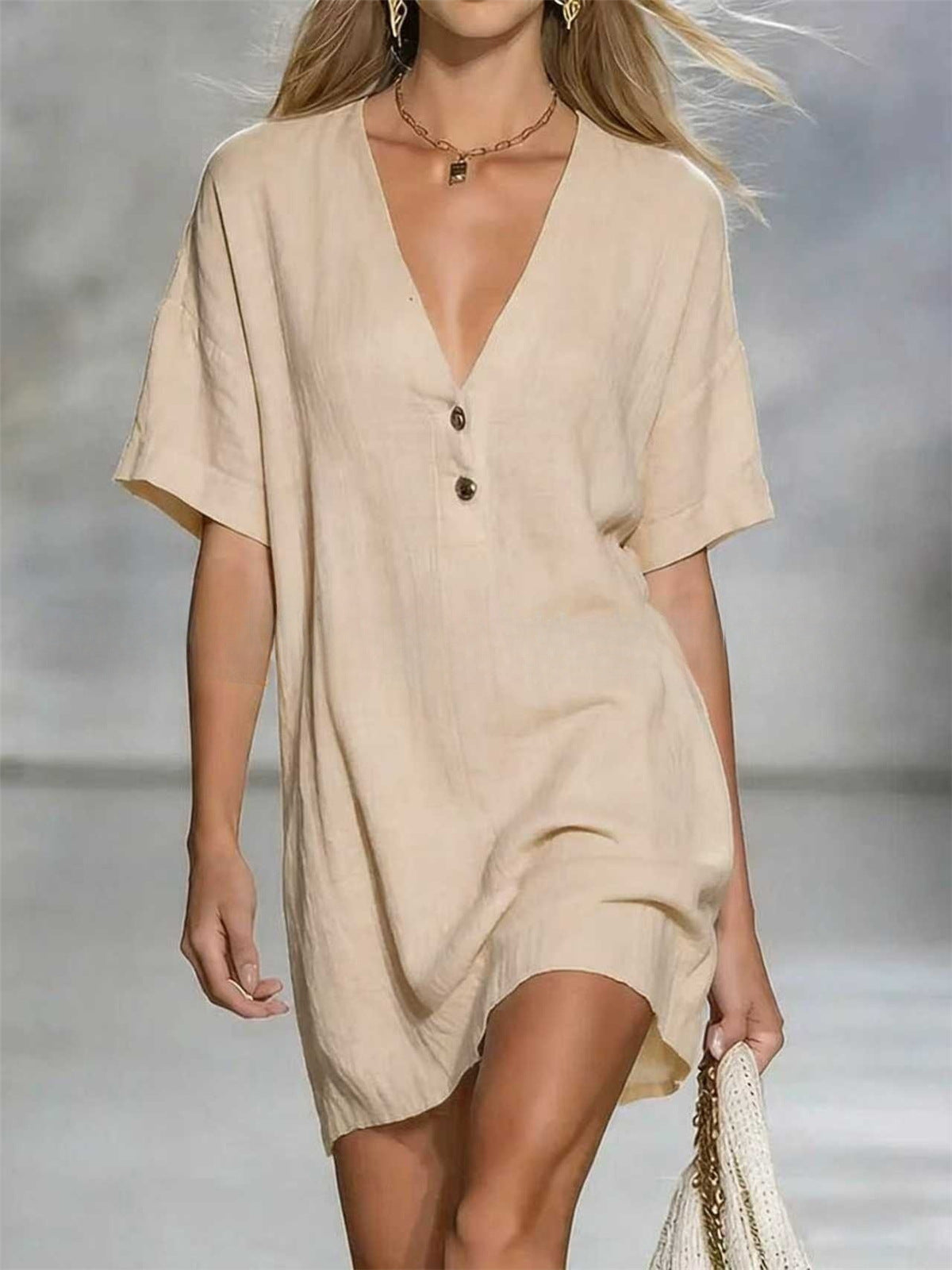 Women's Fashion Sleeve Solid Color Casual Button Dress