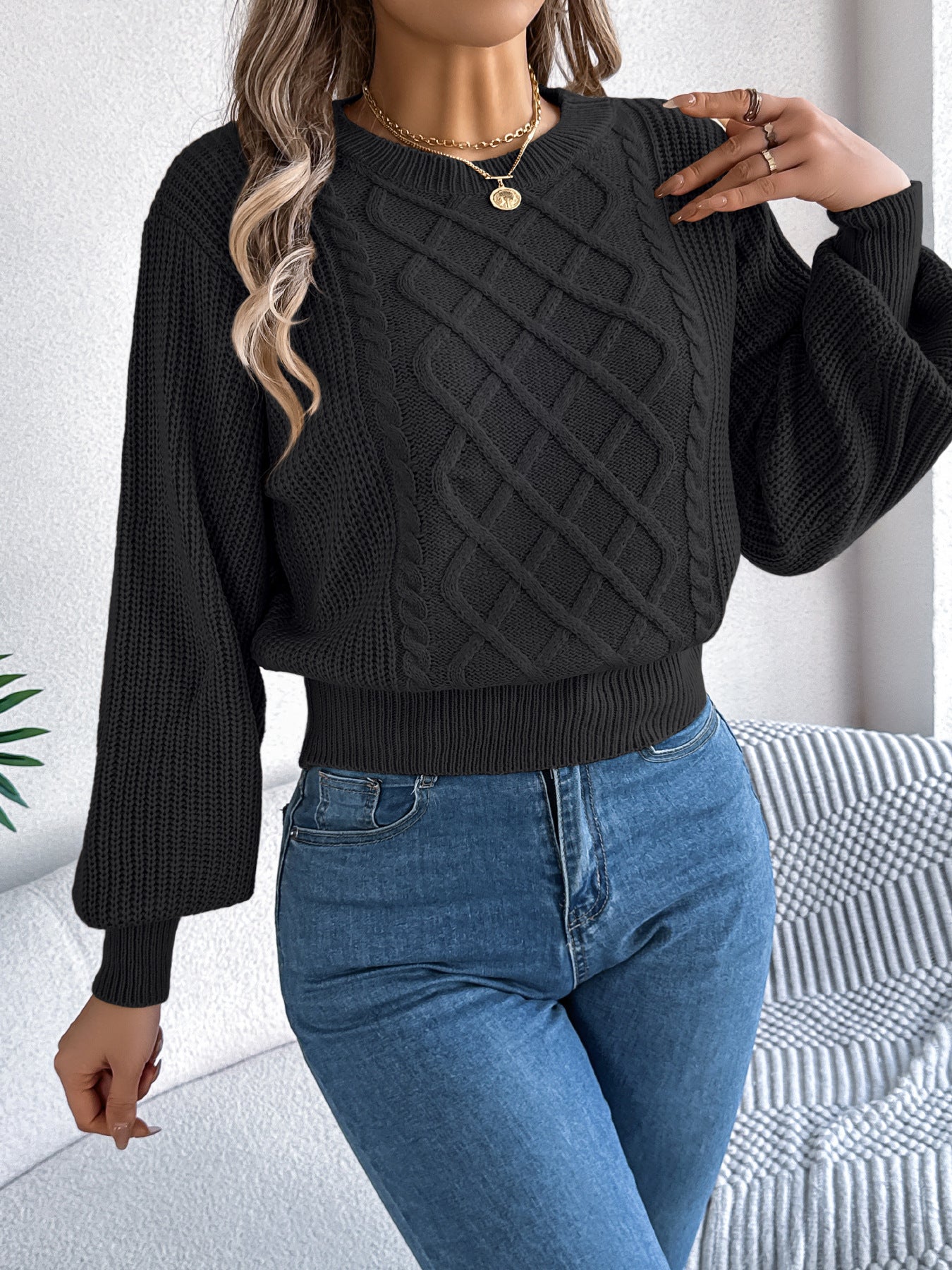 Women's Solid Color Twist Lantern Long Sleeve Sweater