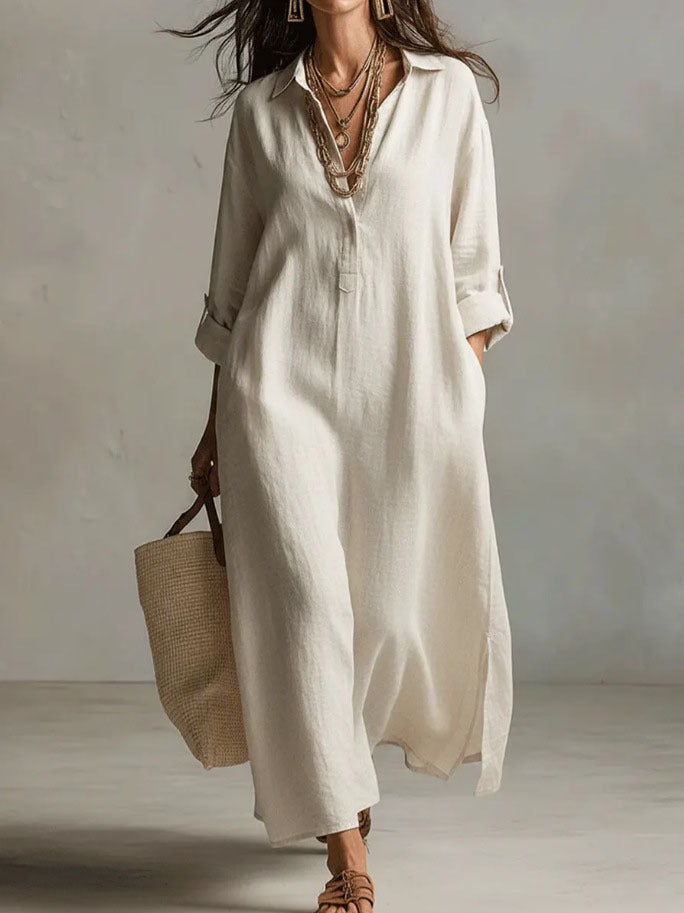 Solid Color Polo Collar Casual Long Sleeve Shirt Idle Dress