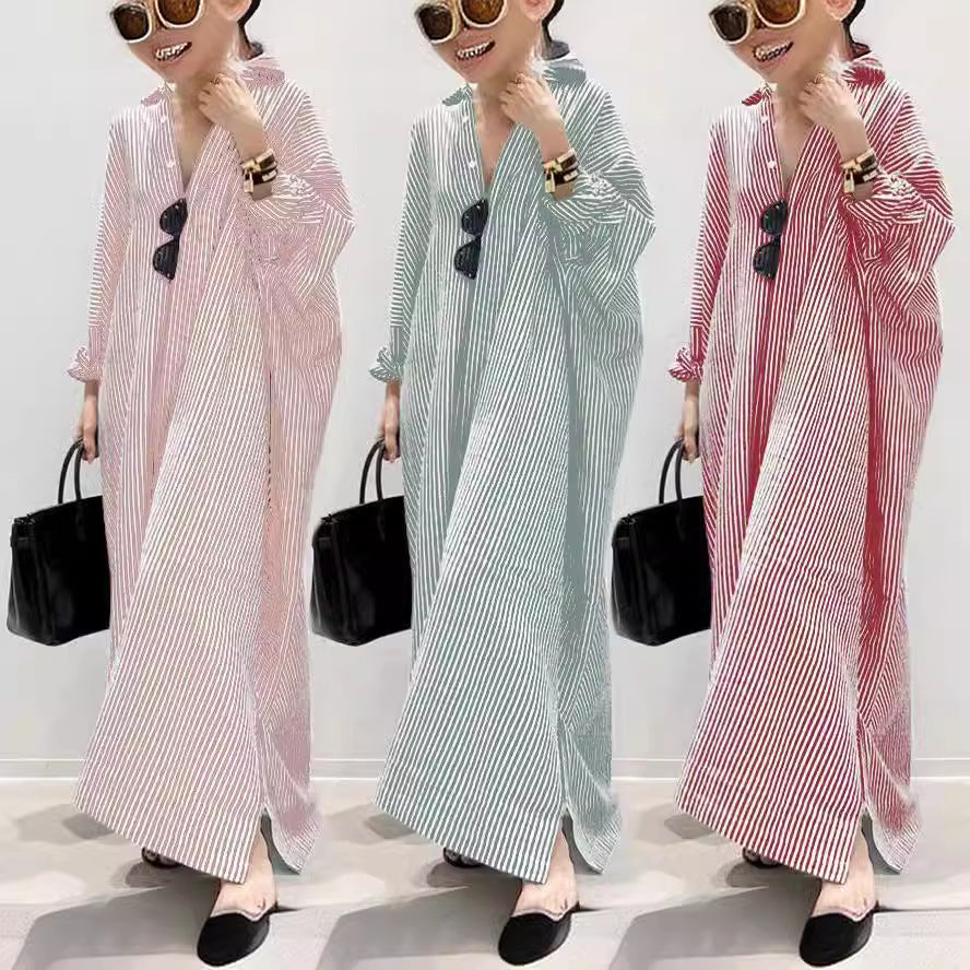 Cotton Linen Stripes Loose Temperament Commuting Dress