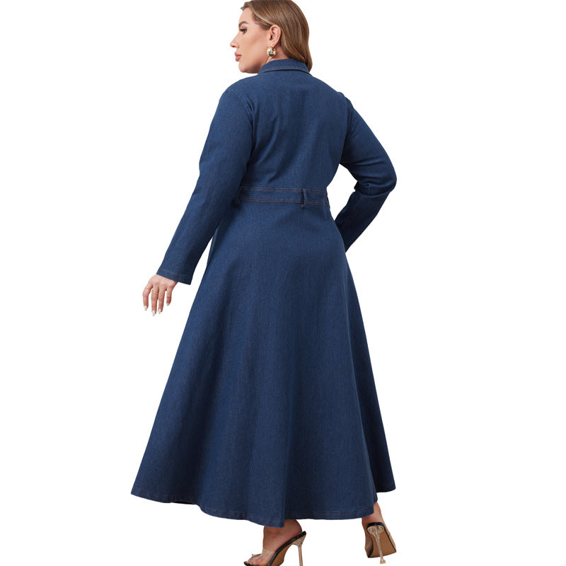 Women's Large Denim Lapel Long Sleeve Dress Coats