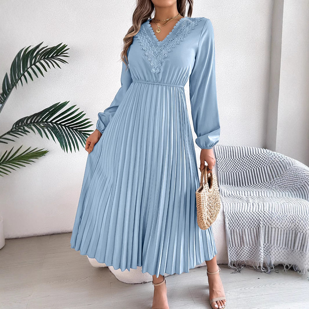 Women's Elegant Graceful Lace Cinched Pleated Long Dresses