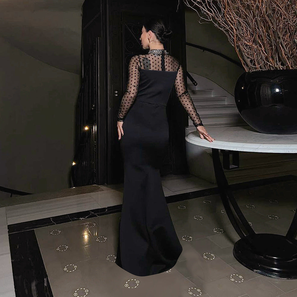 Women's Rhinestone Mesh Long Sleeve Patchwork Split Dress Slim Dresses