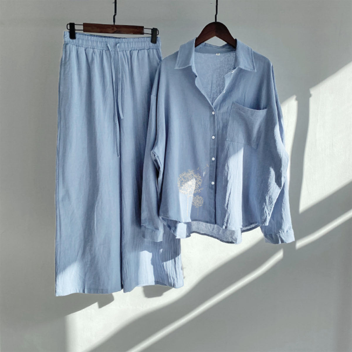 Women's Cotton Linen Shirt Wide Leg Printed Fashion Casual Suit