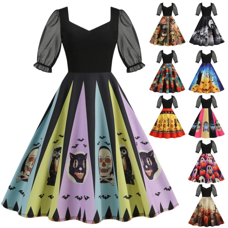 Mesh Stitching Half Sleeve Sexy Retro Printed Large Dress