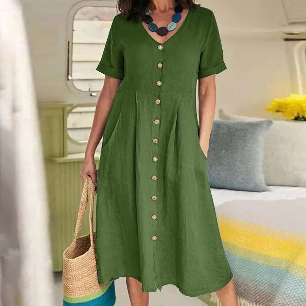 Solid Color Loose High Waist Cotton Dress