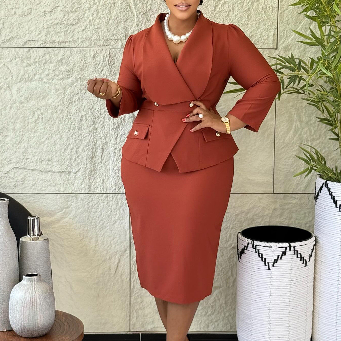 Women's Fashion Elegant Solid Color Sheath African Dress