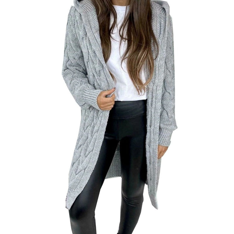 Mid-length Solid Color Twist Hooded Knit Women's Sweater