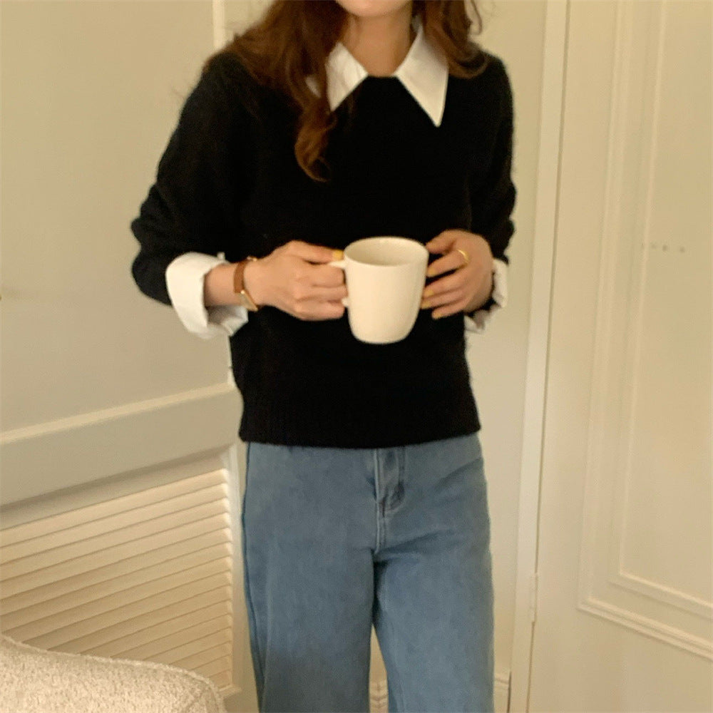 Women's Stitching Shirt Collar Fake Two-piece Knitted Sweater