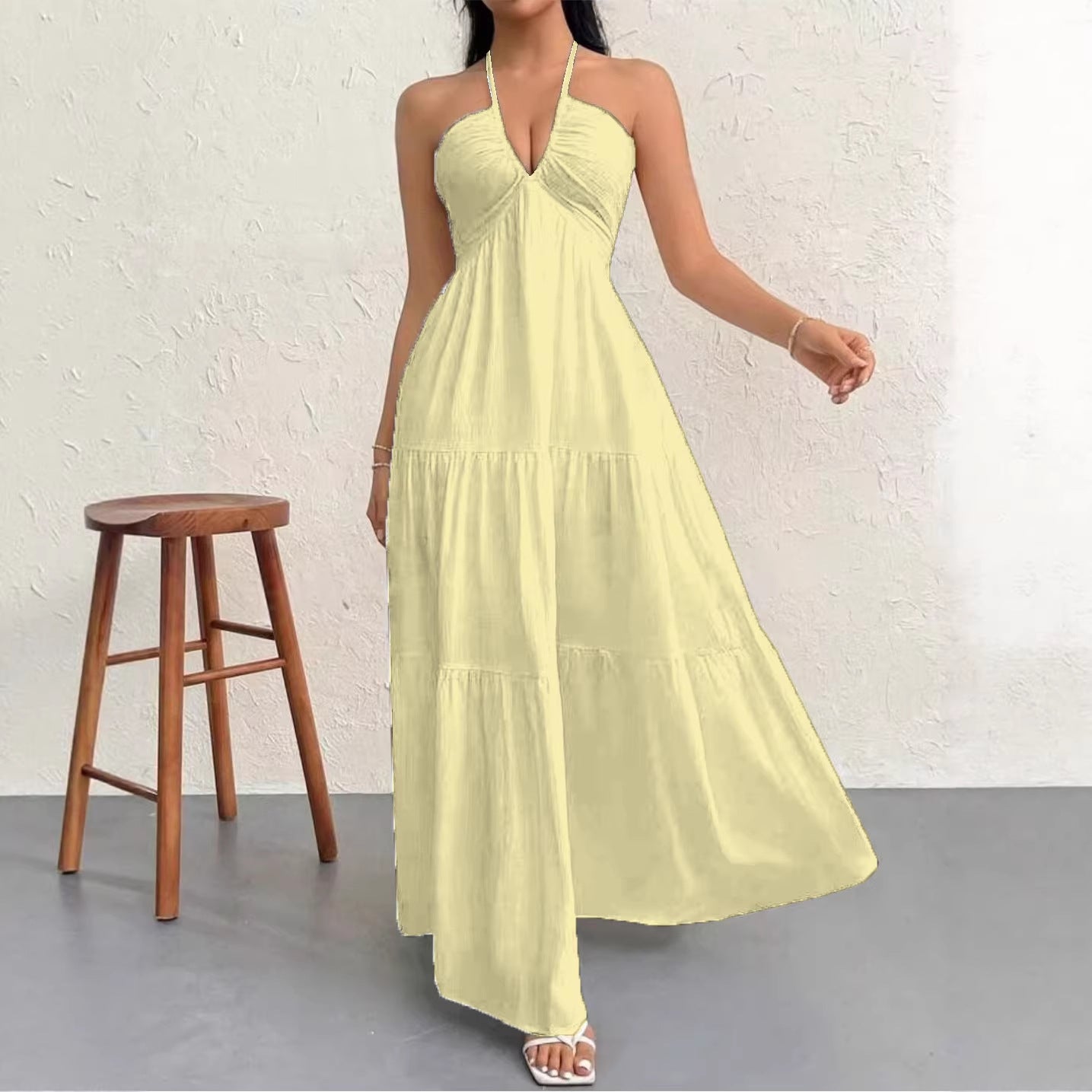 Women's V Shoulder Bohemian Style Belt Festival Dress