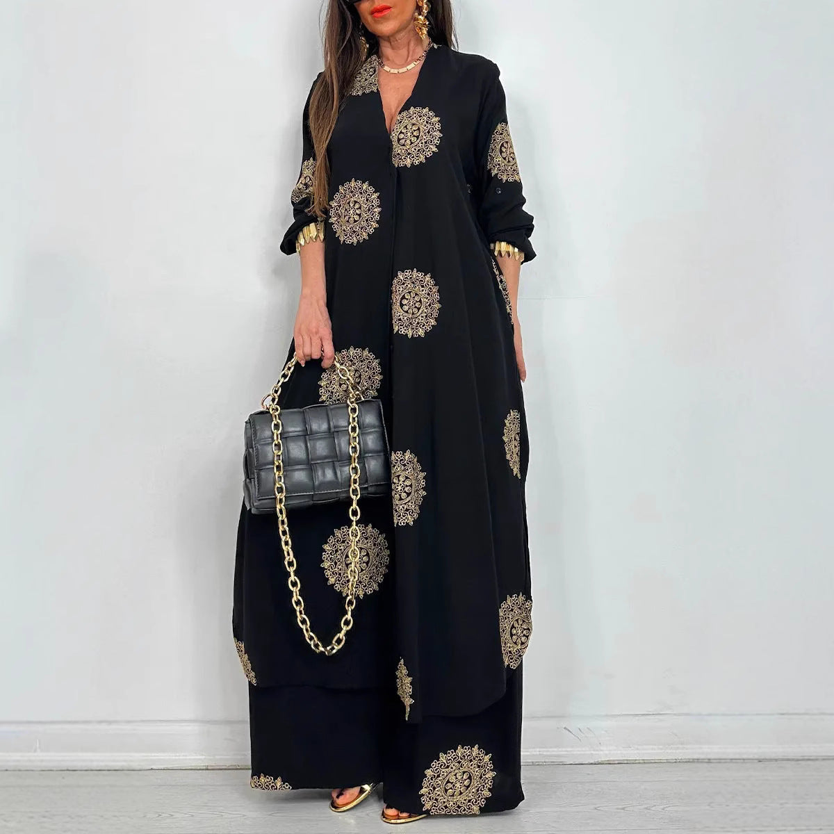 Women's Loose Long Printed Robe Two-piece Set Tops