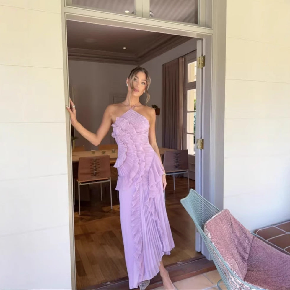 Pleated Ruffled Halter Backless A- Hem Chiffon Dresses