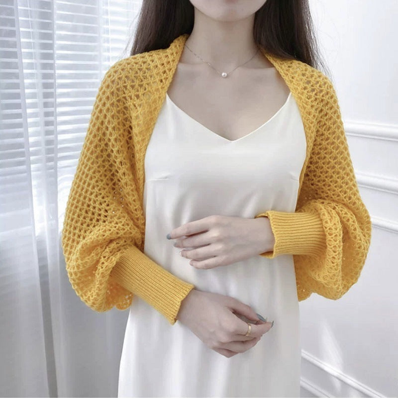 Women's Summer High-grade Long-sleeved Thin Hollow Knitted Small Blouses