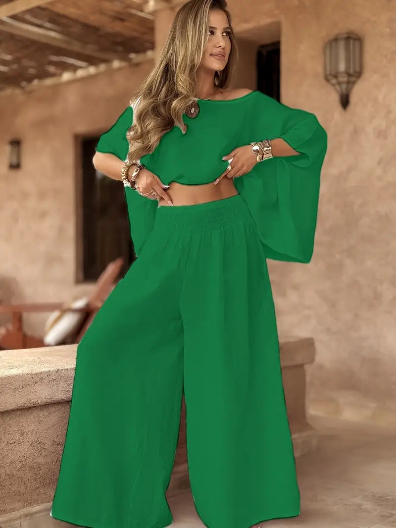 Women's Solid Color Elegant Two-piece Round Neck Wide Suits