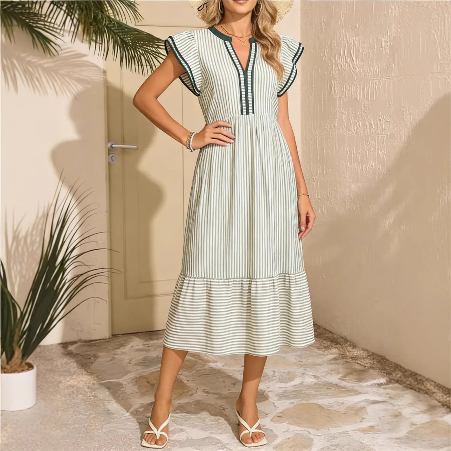 Women's Fashion Striped Double Frill Sleeve Contrast Dress