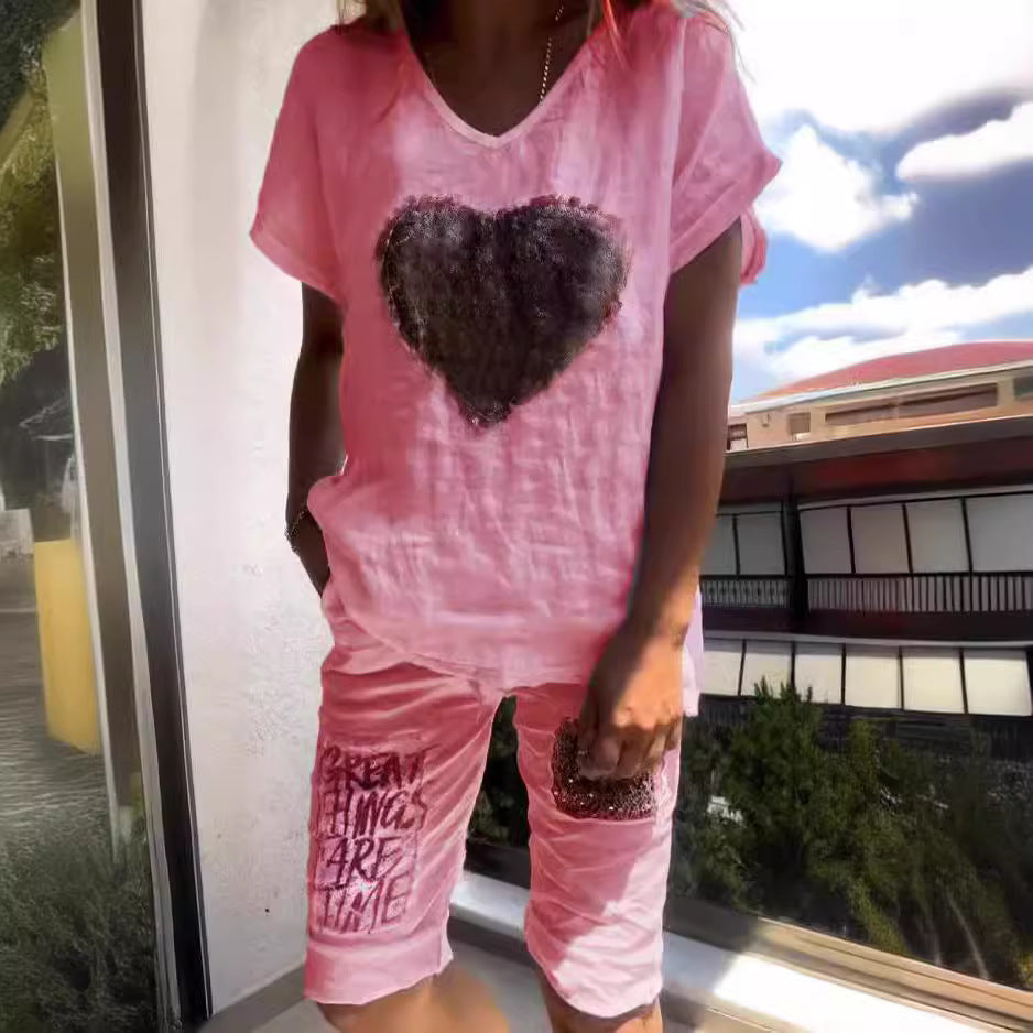 Women's Cotton Linen Loose Wear Heart-shaped Sequined Fashion Casual Suit