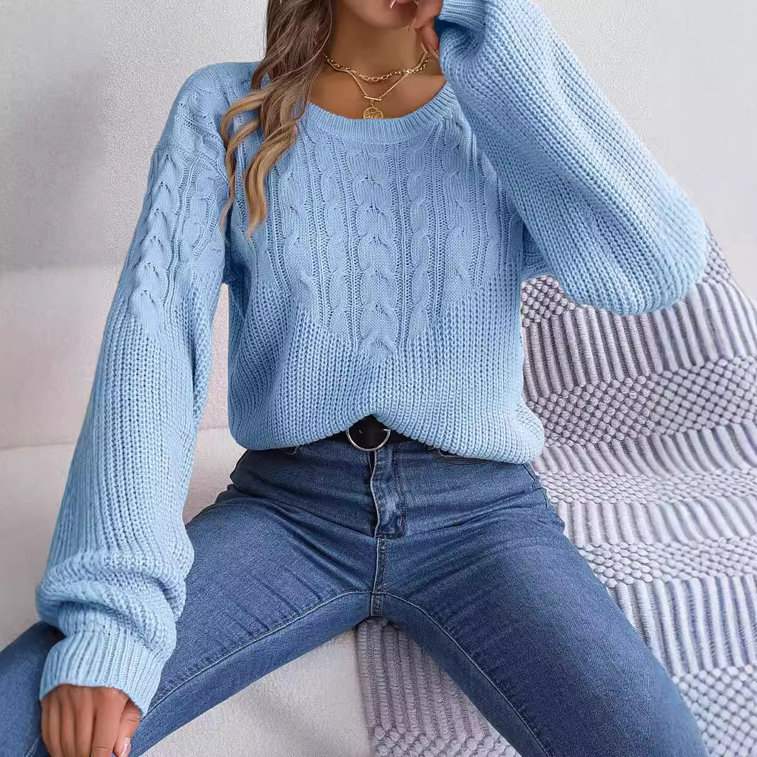 Women's Casual Twist Lantern Sleeve Crew Neck Sweaters