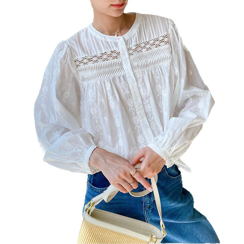 Women's Embroidery White Shirt Long Sleeve Stylish Blouses