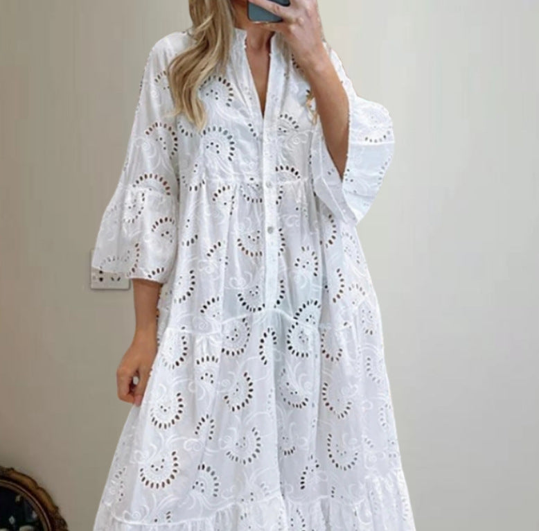 Women's Elegant Puff Sleeve Solid Color Hollow Loose Dresses