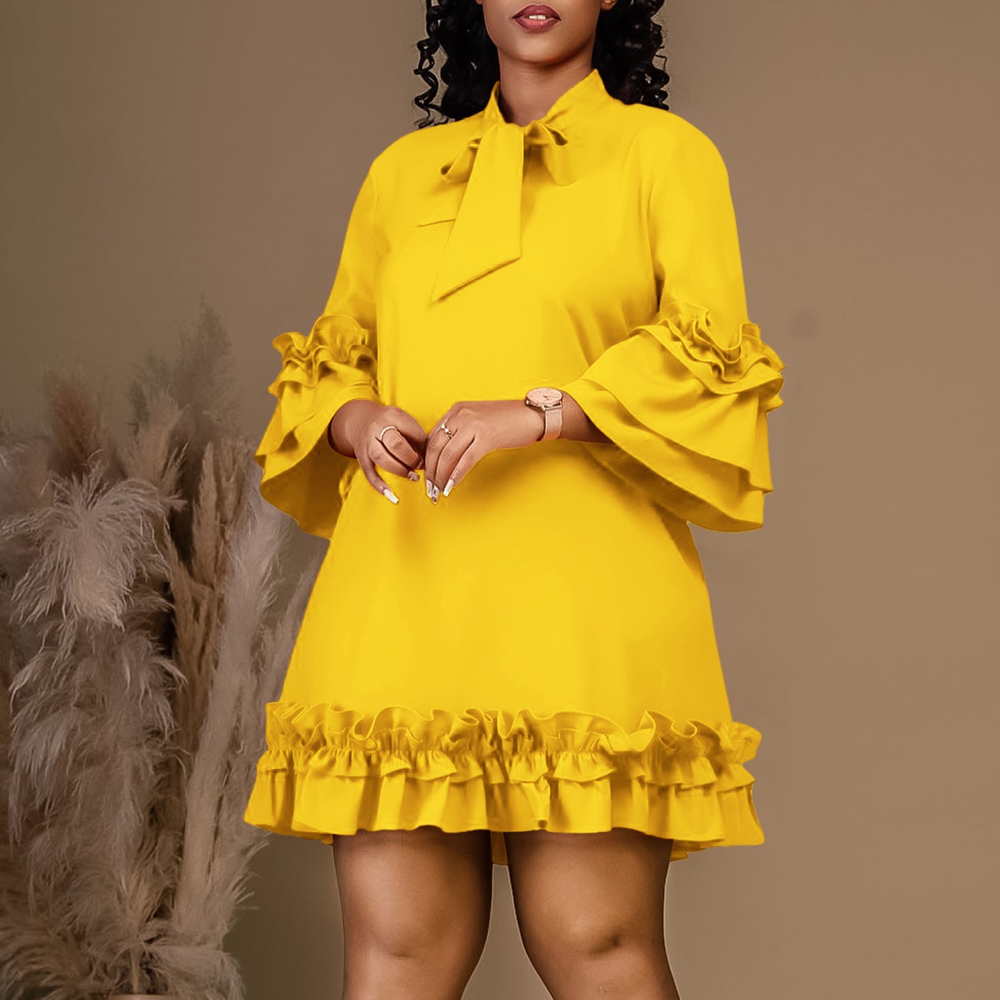 Women's Solid Color Temperament Tied Lotus Leaf Plus Size