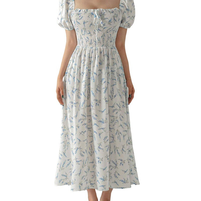 Square Collar Puff Sleeve Printed Elegant Dress