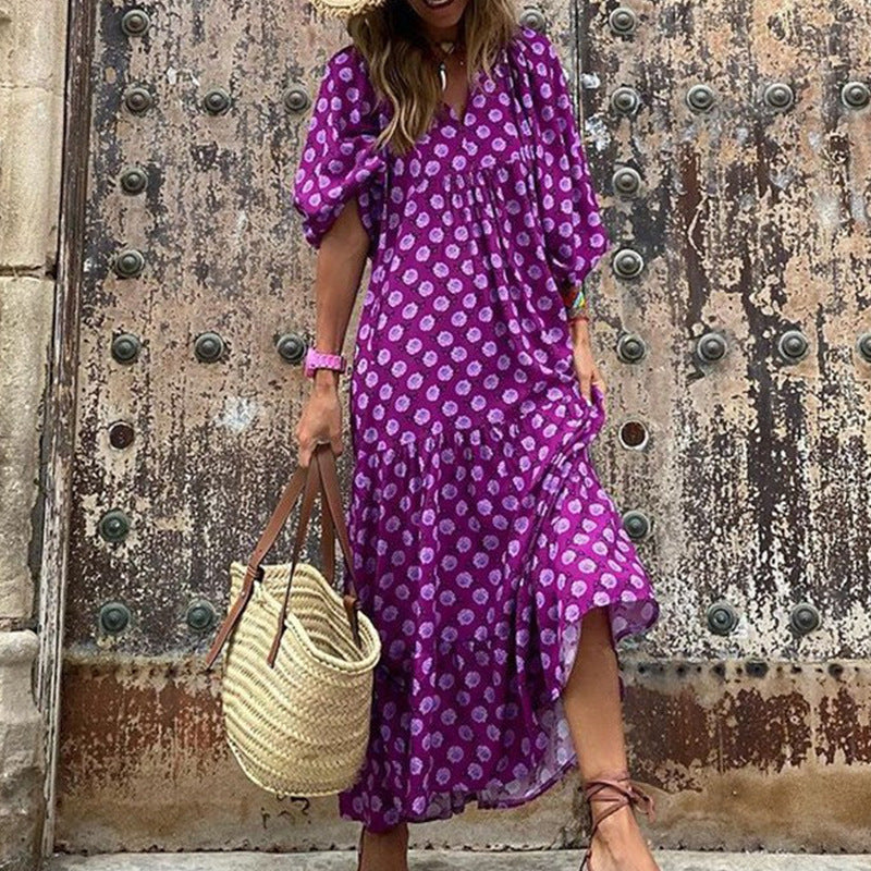 Women's Fashion Bohemian Lantern Sleeve Temperament Printed Dress