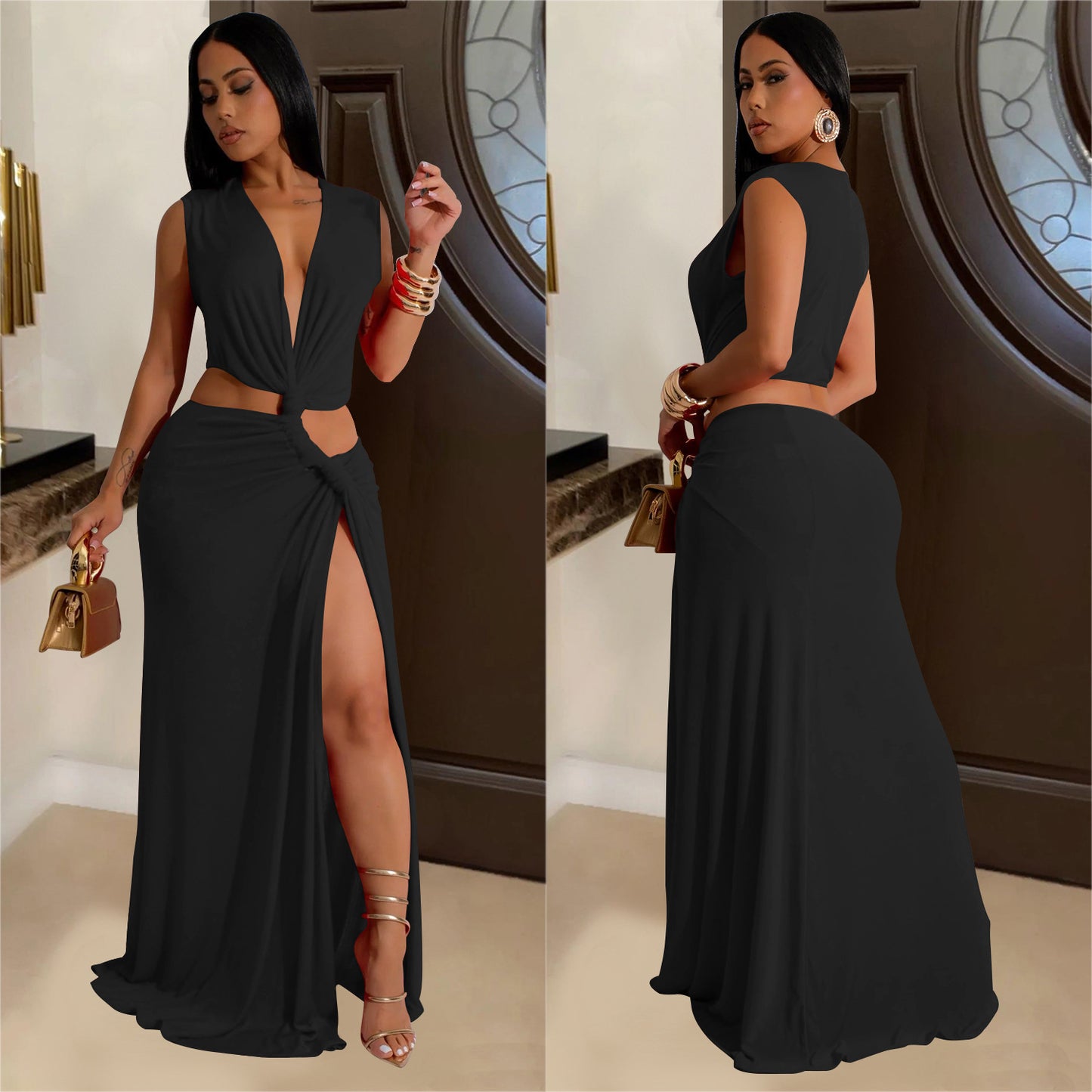 Women's Fashion Wear Sleeveless Deep V Split Dresses