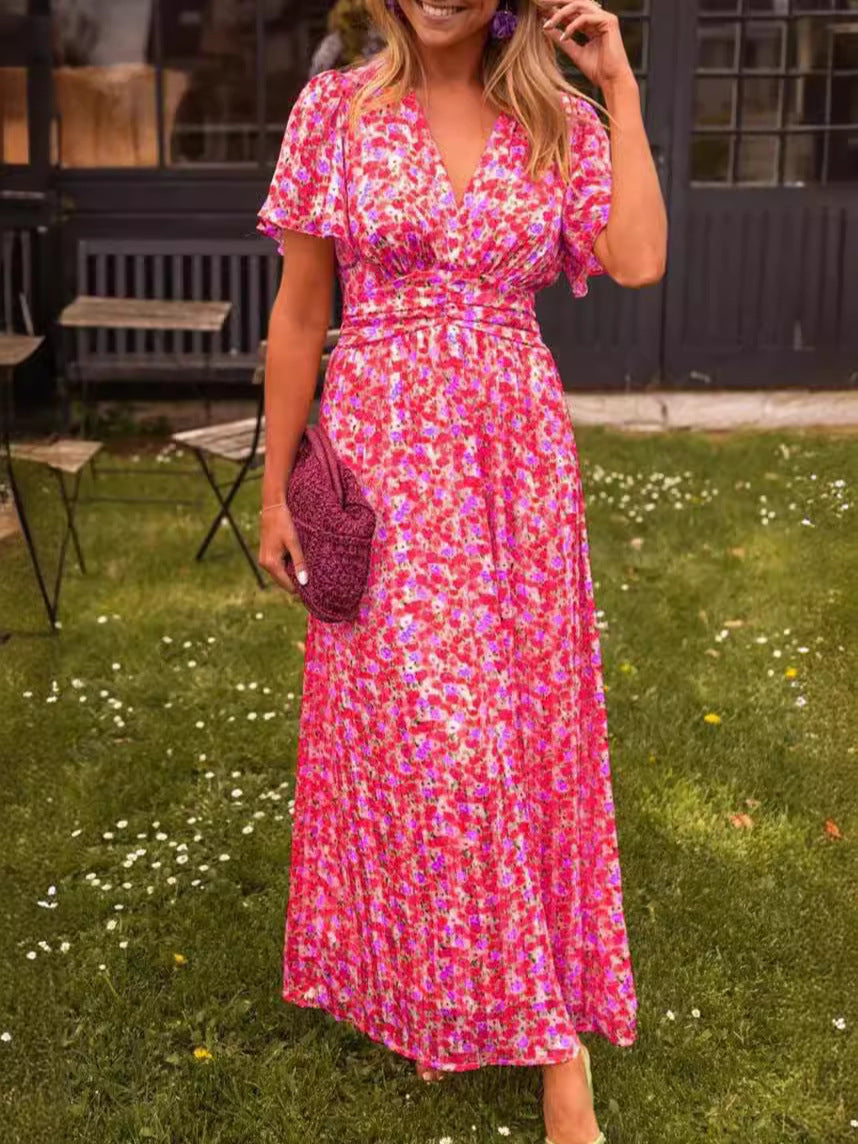 Women's Fashion Temperament Printed Waist Dress Dresses